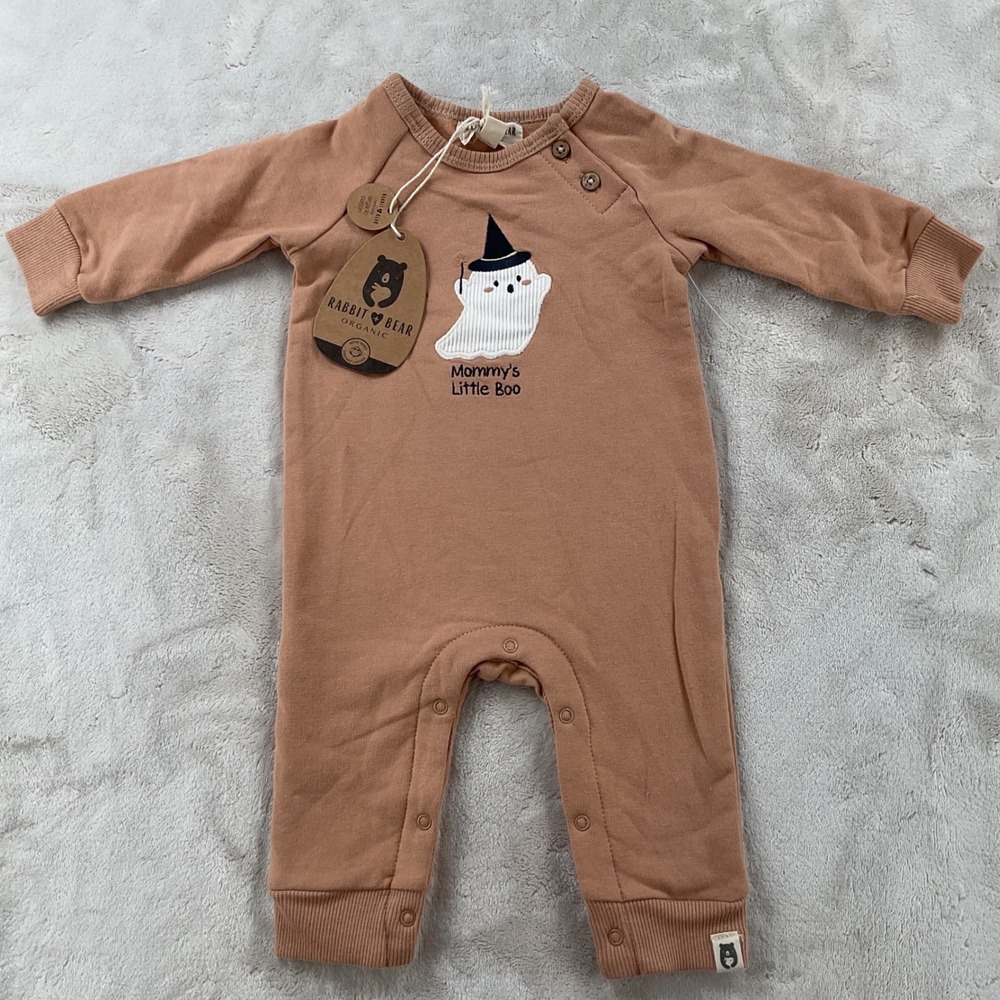 Rabbit+Bear Organic Baby Halloween Ghost Romper Terracotta Brown 3-6M NWT